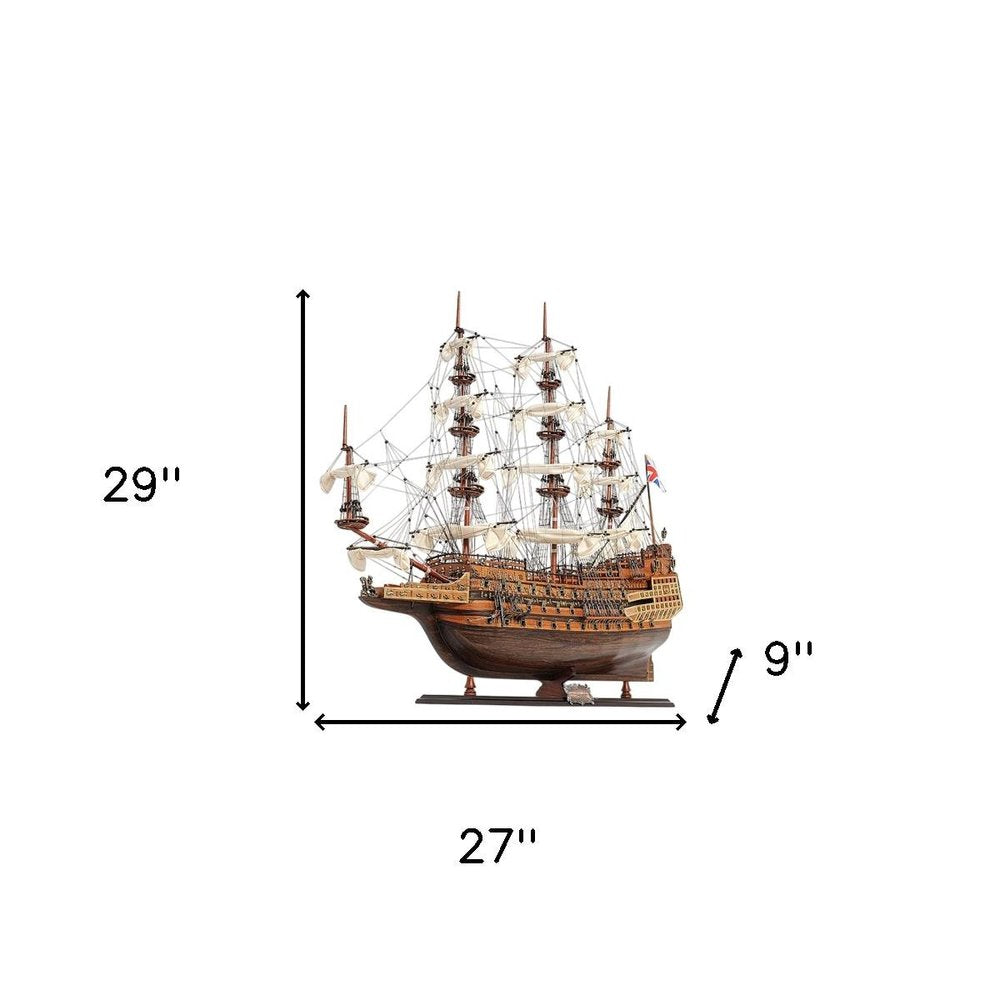 27" Brown Solid Wood Hand Painted Boat Model Boat