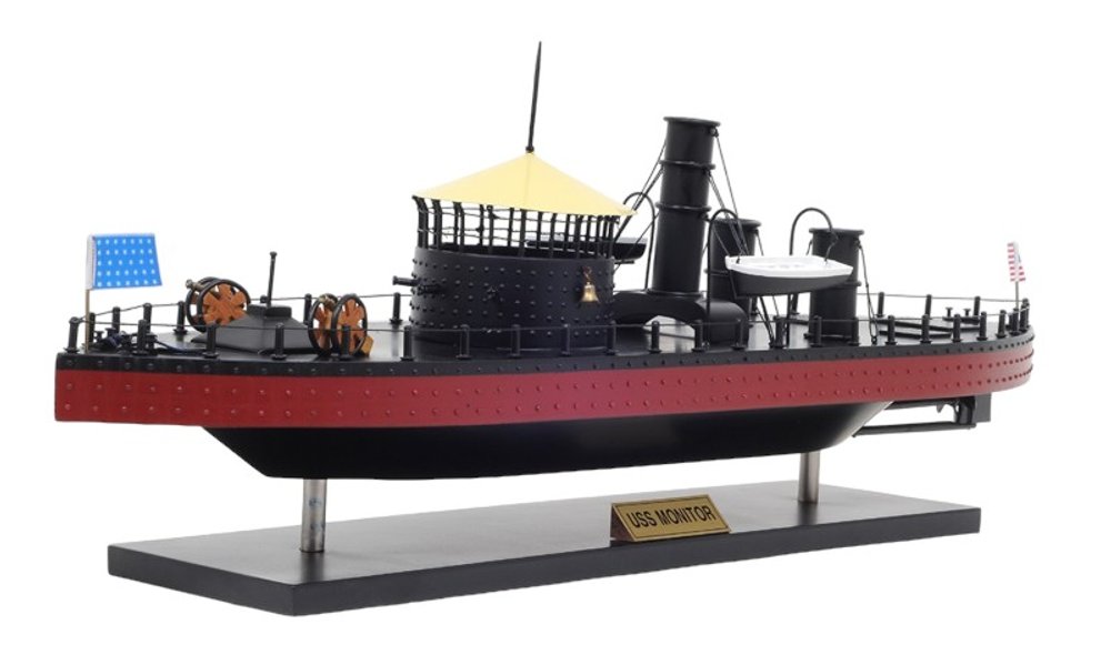 11" Black and Red Solid Wood Hand Painted 1862 USS Monitor Model Boat. Home product isolated on a plain white background, in a black wood finish.