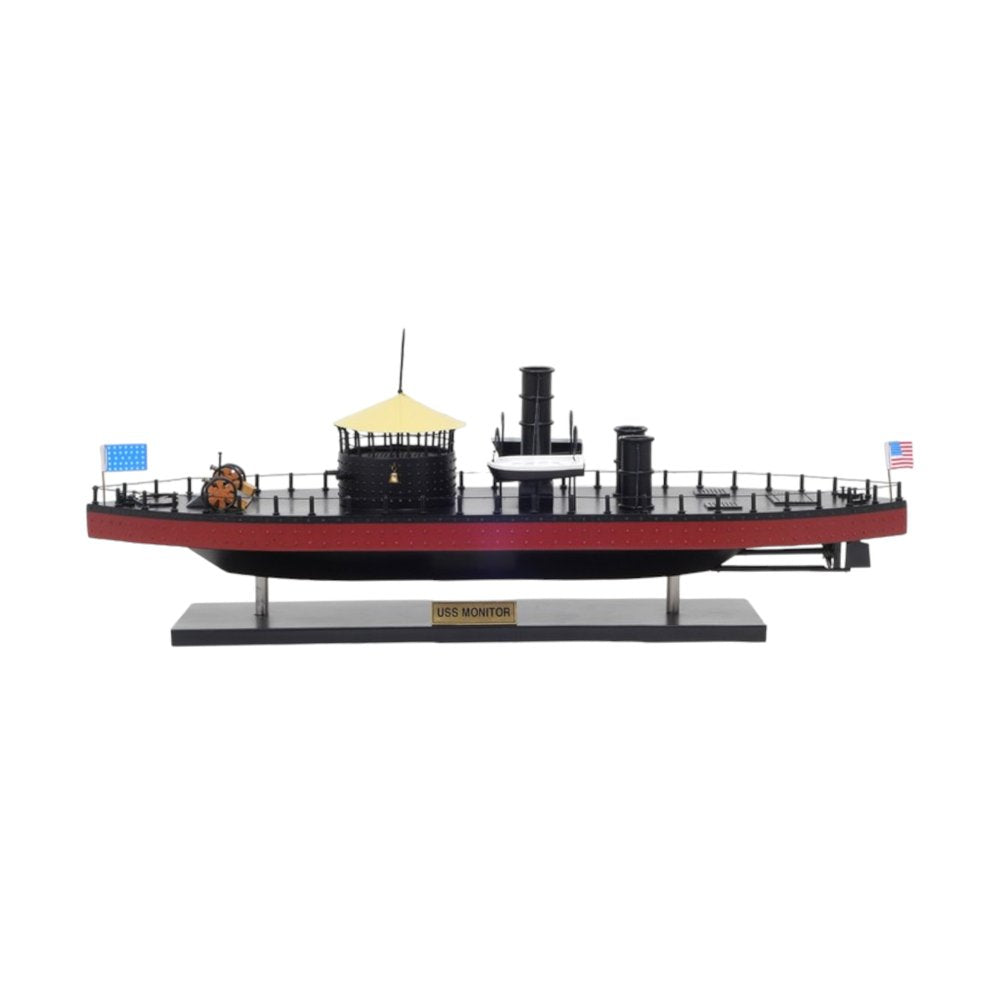 11" Black and Red Solid Wood Hand Painted 1862 USS Monitor Model Boat. Home product isolated on a plain white background, showing a black wood surface.