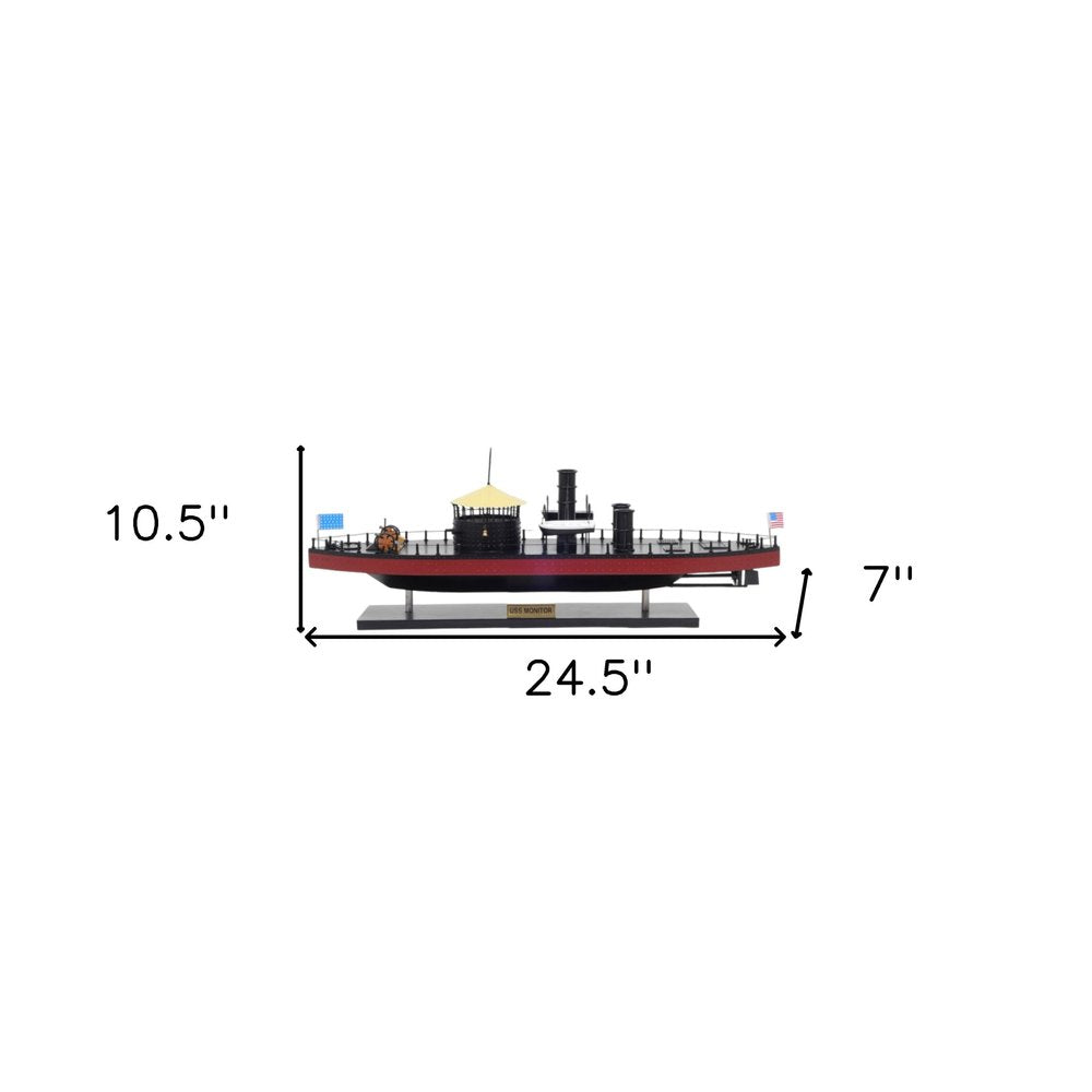 11" Black and Red Solid Wood Hand Painted 1862 USS Monitor Model Boat. Home product isolated on a plain white background, finished in red wood.