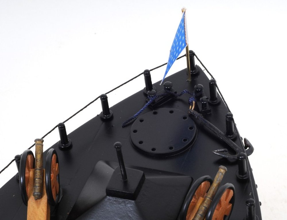 11" Black and Red Solid Wood Hand Painted 1862 USS Monitor Model Boat. Home product isolated on a plain white background, finished in black wood.