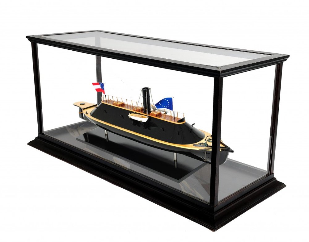 16" Brown and Black Solid Wood Hand Painted CSS Virginia Display Case Model Boat. Home product isolated on a plain white background, showing a black wood surface.