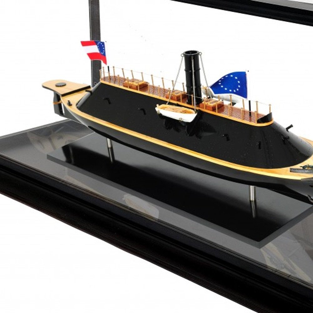 16" Brown and Black Solid Wood Hand Painted CSS Virginia Display Case Model Boat. Home product isolated on a plain white background, in a black wood finish.
