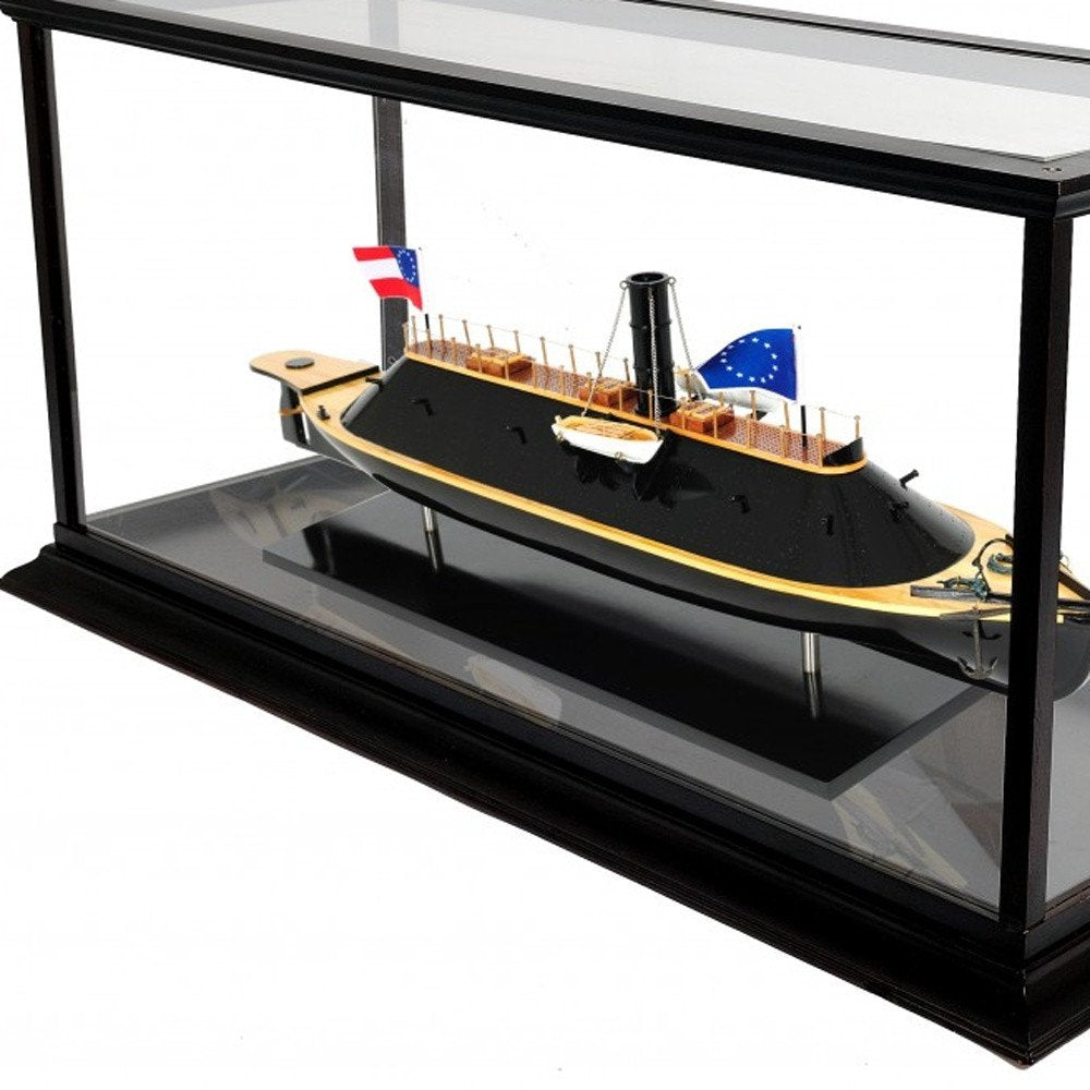 16" Brown and Black Solid Wood Hand Painted CSS Virginia Display Case Model Boat. Home product isolated on a plain white background, showing a black wood surface.
