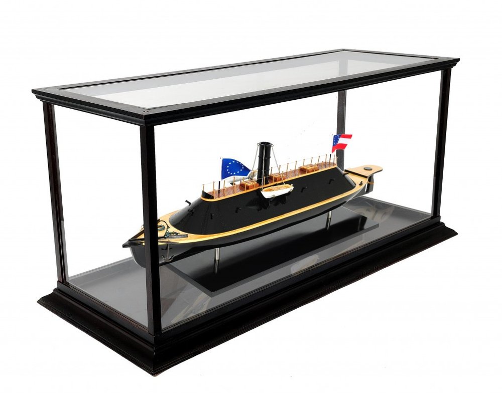 16" Brown and Black Solid Wood Hand Painted CSS Virginia Display Case Model Boat. Home product isolated on a plain white background, in a black wood finish.