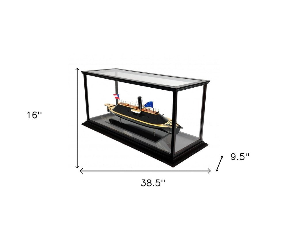 16" Brown and Black Solid Wood Hand Painted CSS Virginia Display Case Model Boat. Home product isolated on a plain white background, finished in black wood.