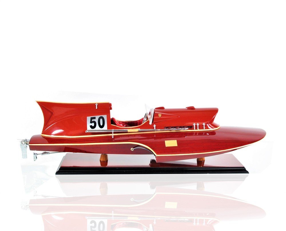7" Red Manufactured Wood Hand Painted Decorative Boat on a white background