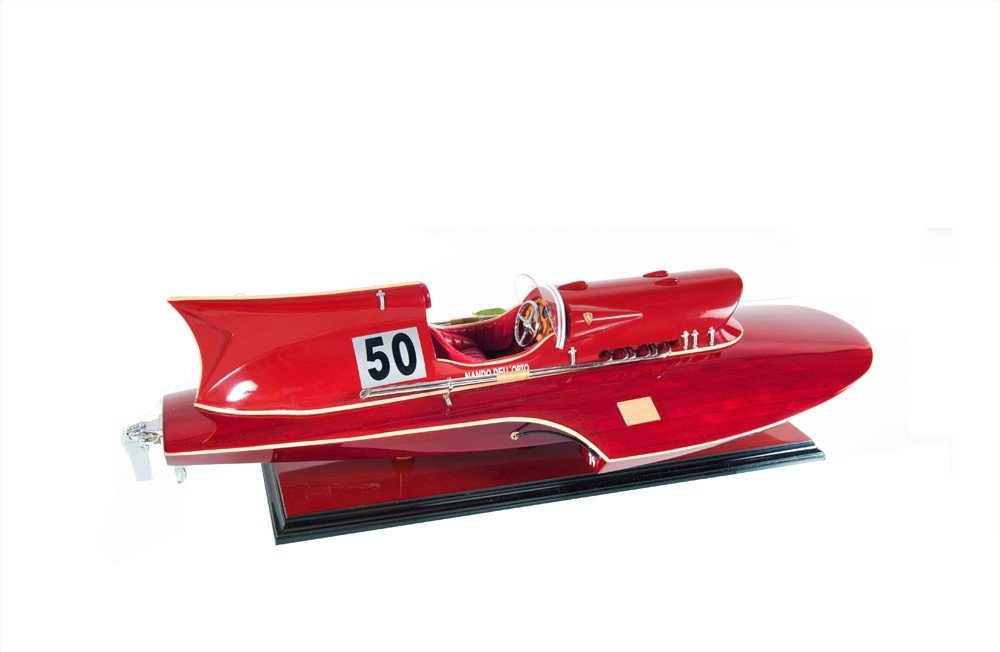7" Red Manufactured Wood Hand Painted Decorative Boat on a white background