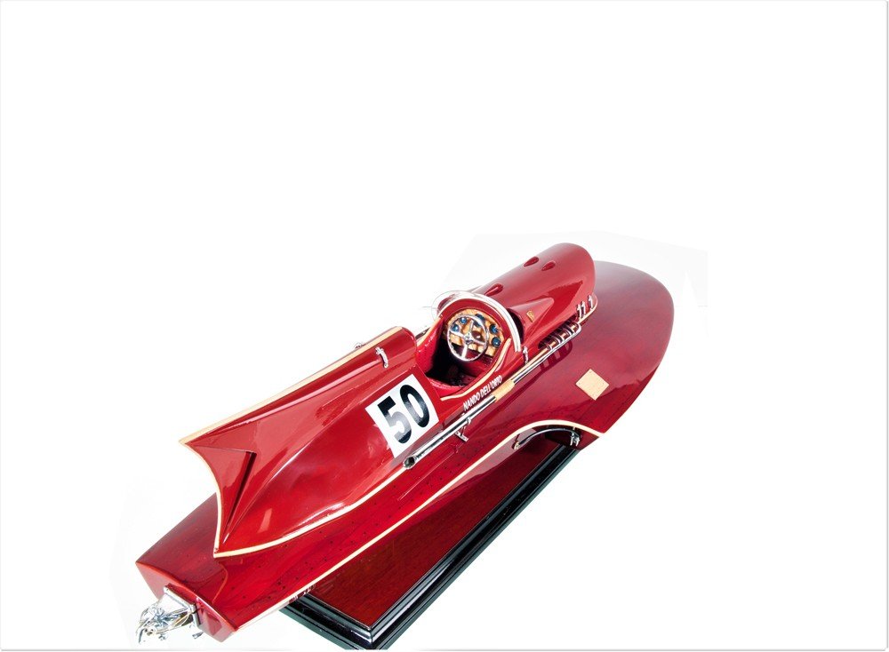 7" Red Manufactured Wood Hand Painted Decorative Boat on a white background