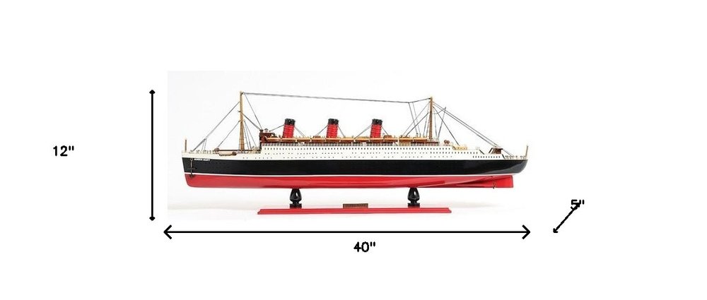 12" Black And Red Solid Wood Hand Painted Boat Model Boat. Home product isolated on a plain white background, finished in red wood.