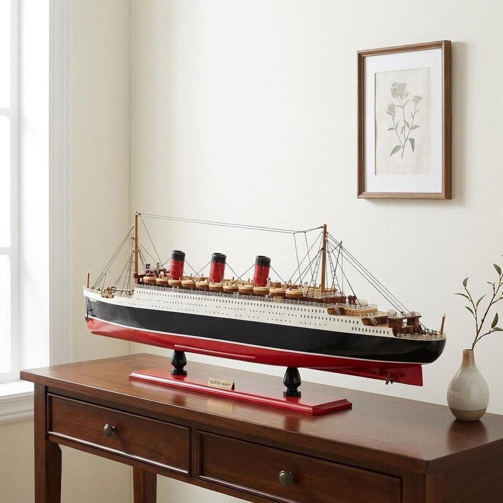 12" Black And Red Solid Wood Hand Painted Boat Model Boat. Home product in black wood.