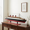 12" Black And Red Solid Wood Hand Painted Boat Model Boat. Home product in black wood.