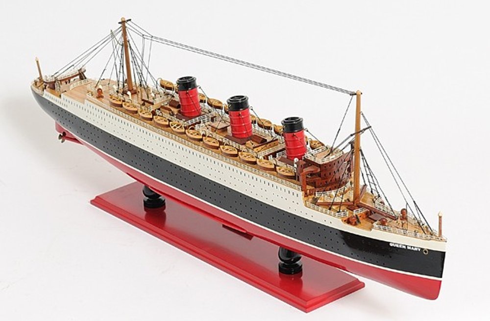 12" Black And Red Solid Wood Hand Painted Boat Model Boat. Home product isolated on a plain white background, finished in red wood.
