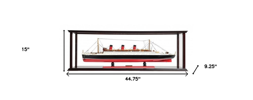 15" Black And Red Solid Wood Hand Painted Boat Model Boat. Home product isolated on a plain white background, showing a black wood surface.