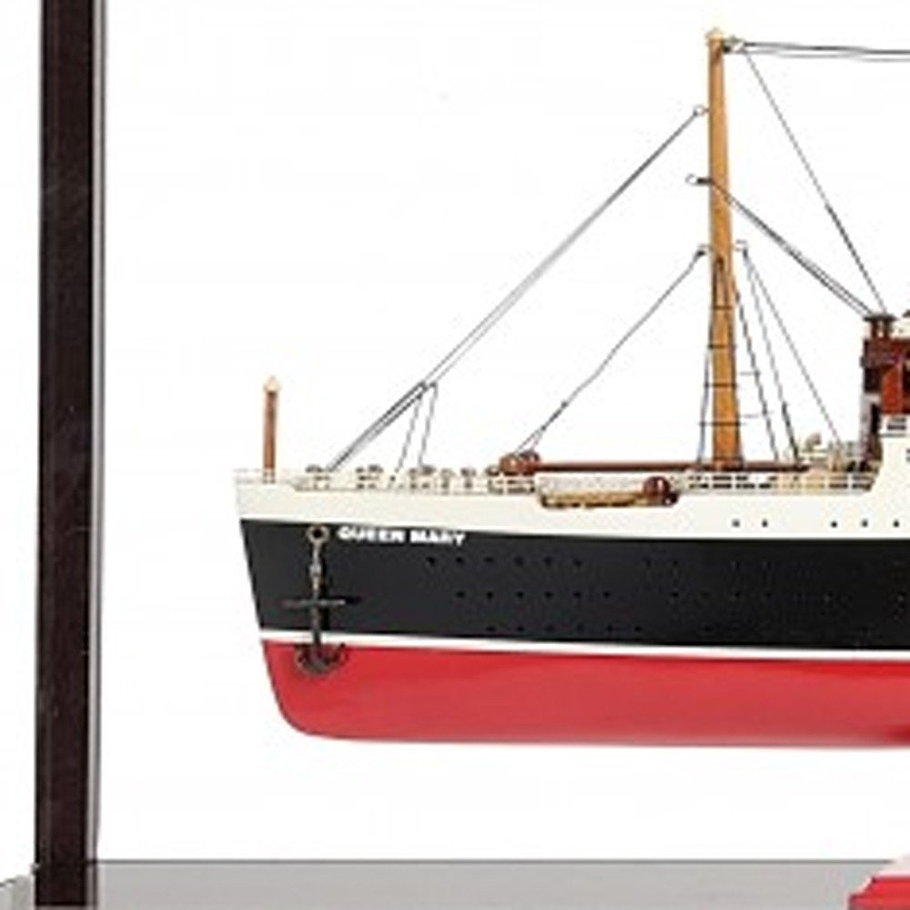 15" Black And Red Solid Wood Hand Painted Boat Model Boat. Home product isolated on a plain white background, in a black wood finish.