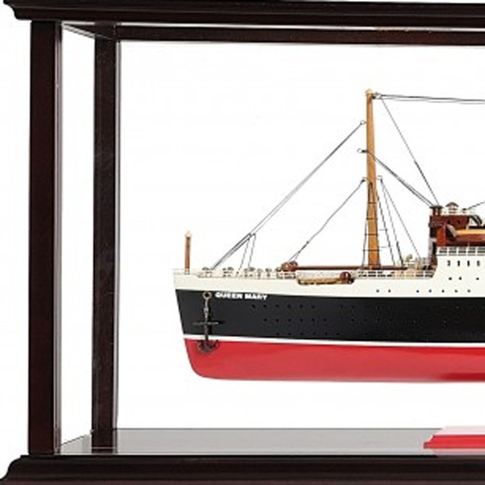 15" Black And Red Solid Wood Hand Painted Boat Model Boat. Home product isolated on a plain white background, showing a black wood surface.