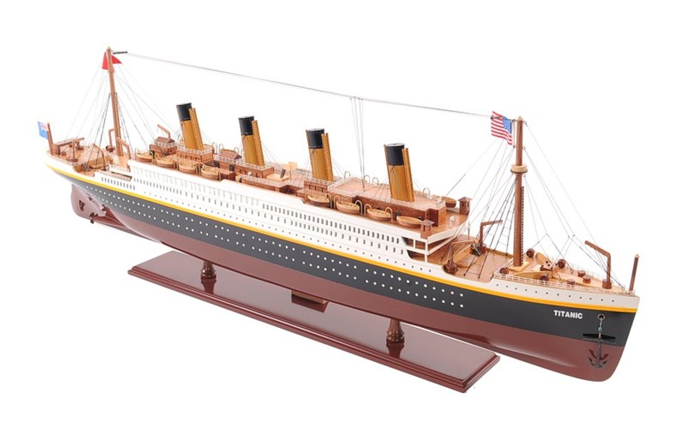 14" Black And Red Solid Wood Hand Painted Boat Model Boat. Home product isolated on a plain white background, in a red wood finish.