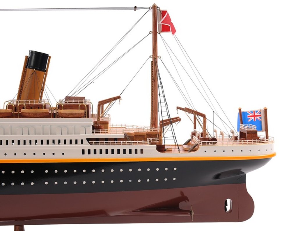 14" Black And Red Solid Wood Hand Painted Boat Model Boat. Home product isolated on a plain white background, finished in black wood.