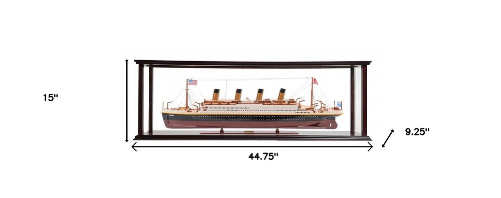 15" Black And Red Solid Wood Hand Painted Boat Model Boat. Home product isolated on a plain white background, finished in black wood.