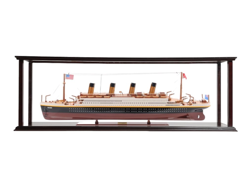 15" Black And Red Solid Wood Hand Painted Boat Model Boat. Home product isolated on a plain white background, in a black wood finish.