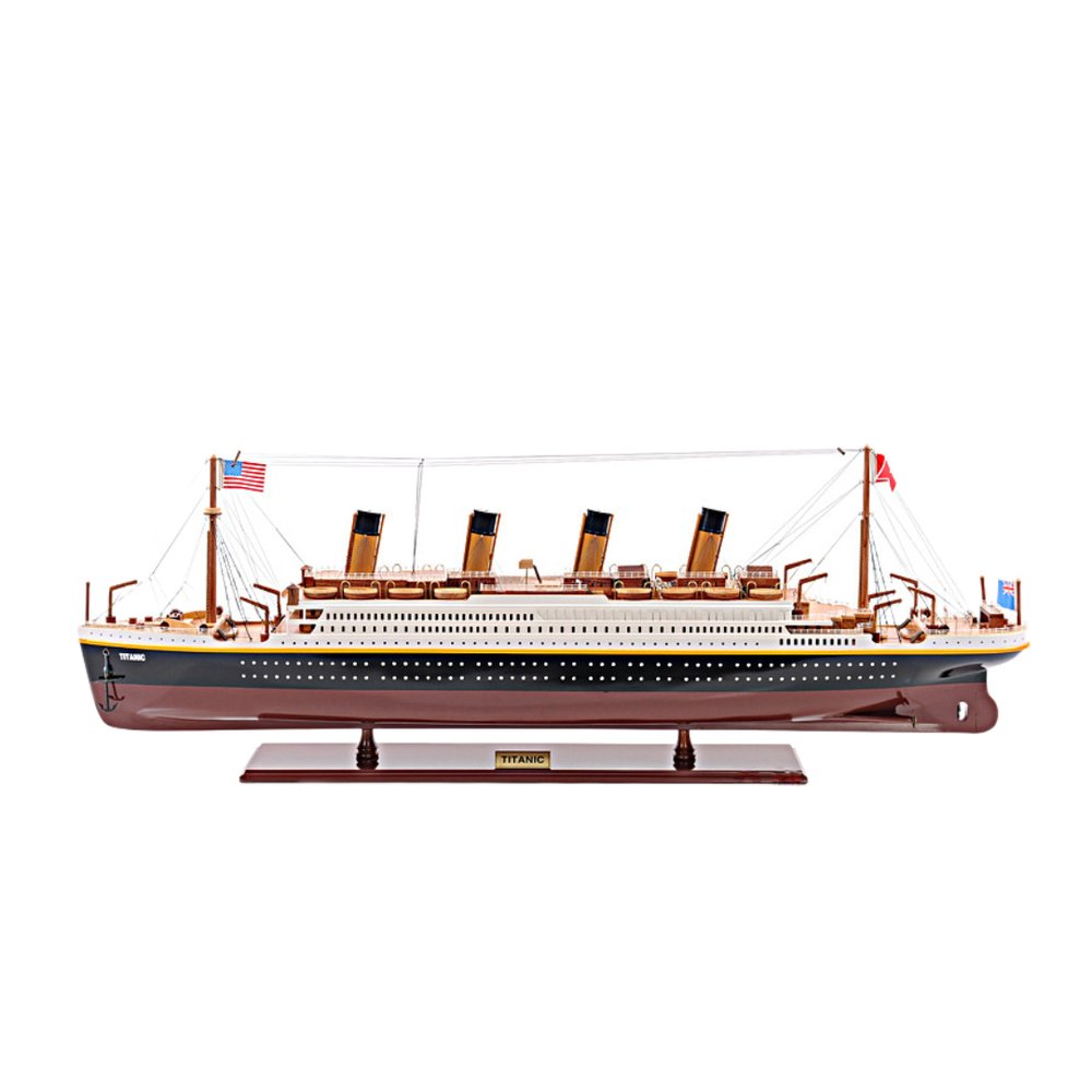 11" Black And Red Solid Wood Hand Painted Boat Model Boat. Home product isolated on a plain white background, in a red wood finish.