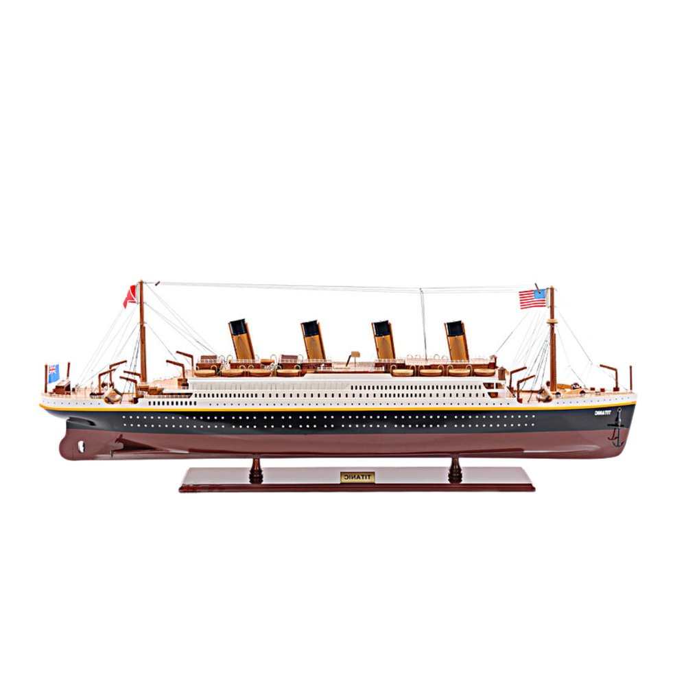 11" Black And Red Solid Wood Hand Painted Boat Model Boat. Home product isolated on a plain white background, in a black wood finish.
