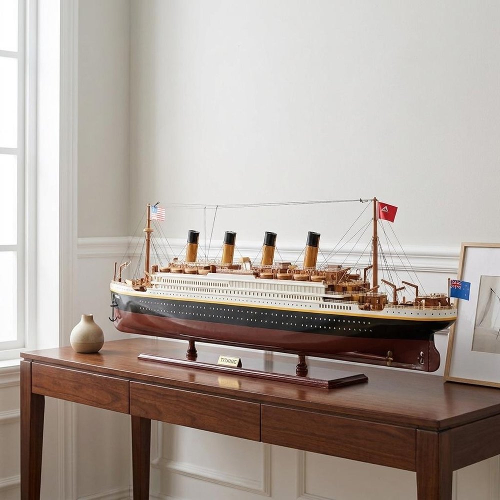 11" Black And Red Solid Wood Hand Painted Boat Model Boat. Home product in black wood.