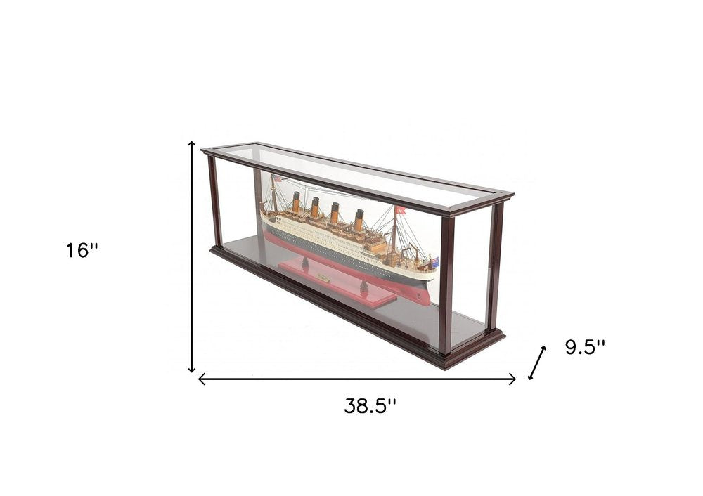 16" Black And Red Solid Wood Hand Painted Boat Model Boat. Home product isolated on a plain white background, showing a wood surface.