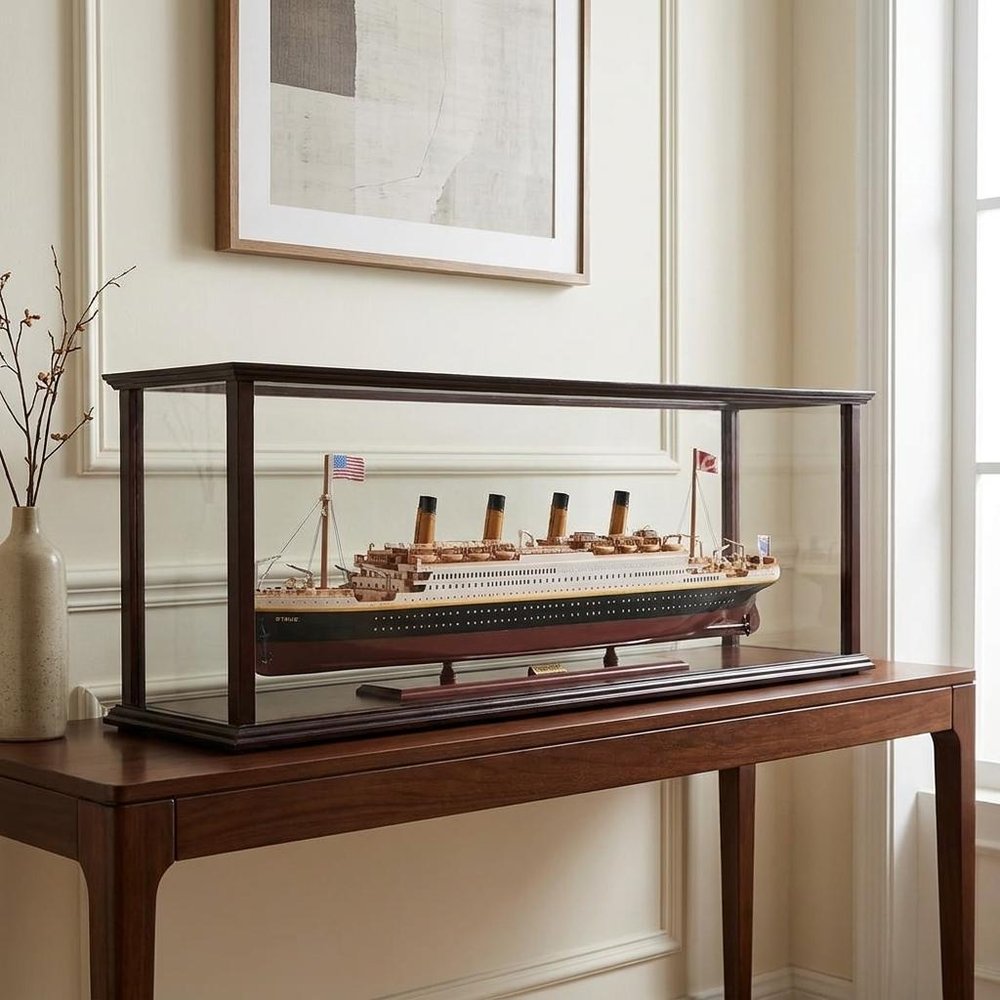 16" Black And Red Solid Wood Hand Painted Boat Model Boat. Home product in black wood.