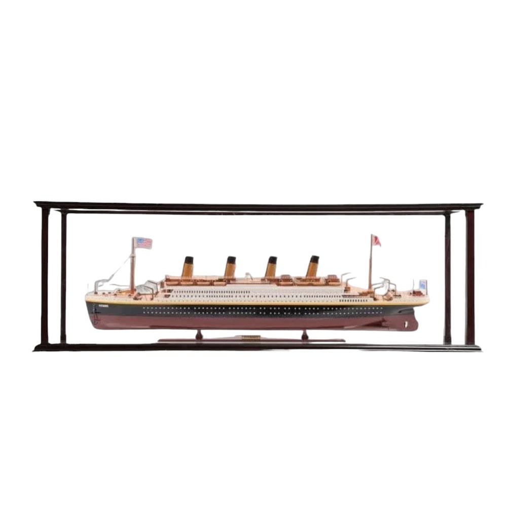 16" Black And Red Solid Wood Hand Painted Boat Model Boat. Home product isolated on a plain white background, finished in black wood.