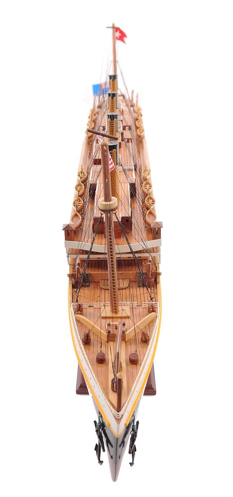 10" Black and Red Solid Wood Hand Painted 1912 RMS Titanic Small Model Boat. Home product isolated on a plain white background, showing a wood surface.