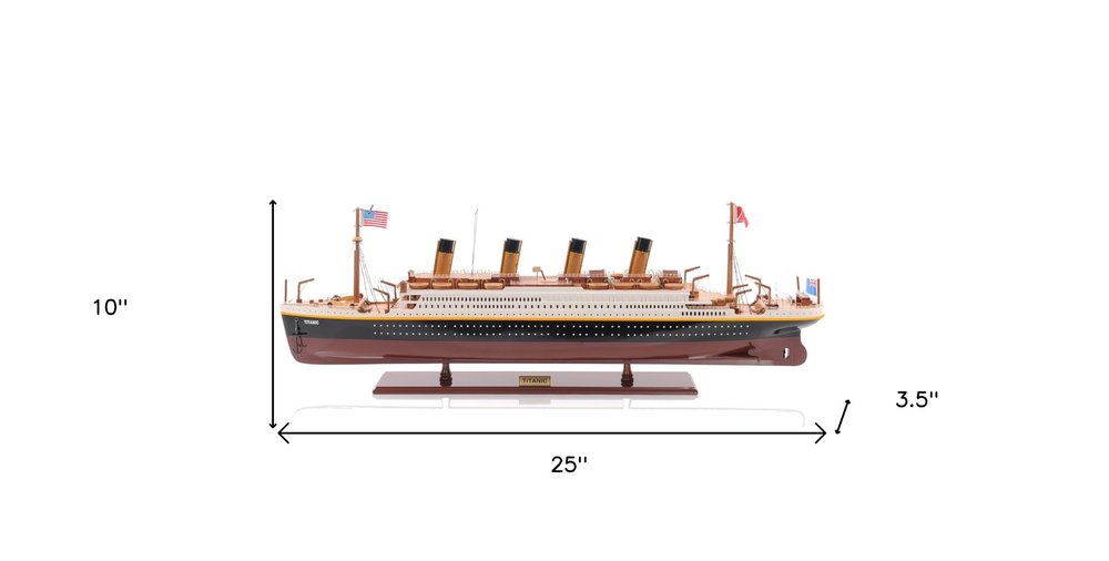 10" Black and Red Solid Wood Hand Painted 1912 RMS Titanic Small Model Boat. Home product isolated on a plain white background, finished in red wood.