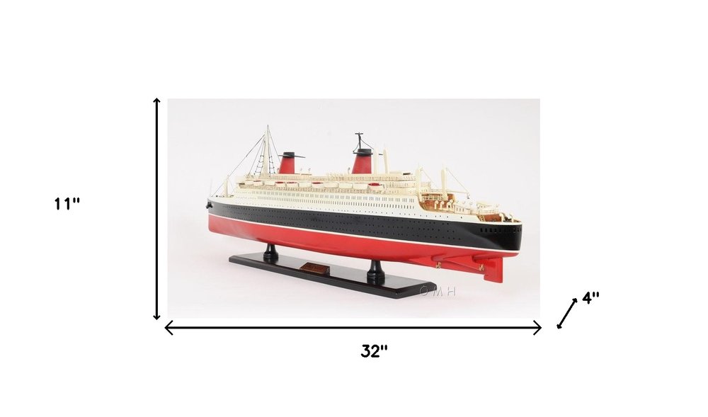 11" Black and Red SS France Boat Hand Painted Decorative Boat. Home product isolated on a plain white background, finished in black.