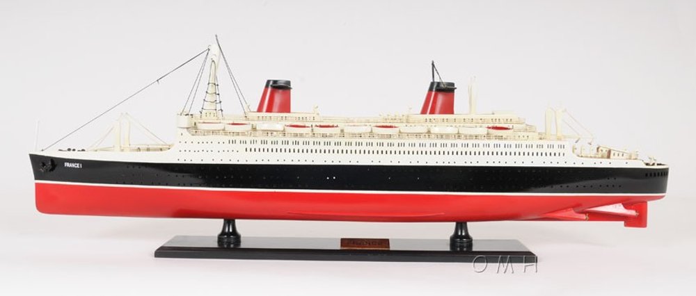 11" Black and Red SS France Boat Hand Painted Decorative Boat. Home product isolated on a plain white background, finished in black.