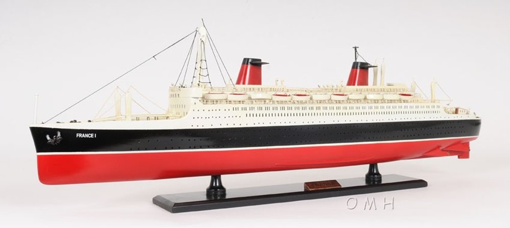 11" Black and Red SS France Boat Hand Painted Decorative Boat. Home product isolated on a plain white background, in a black finish.