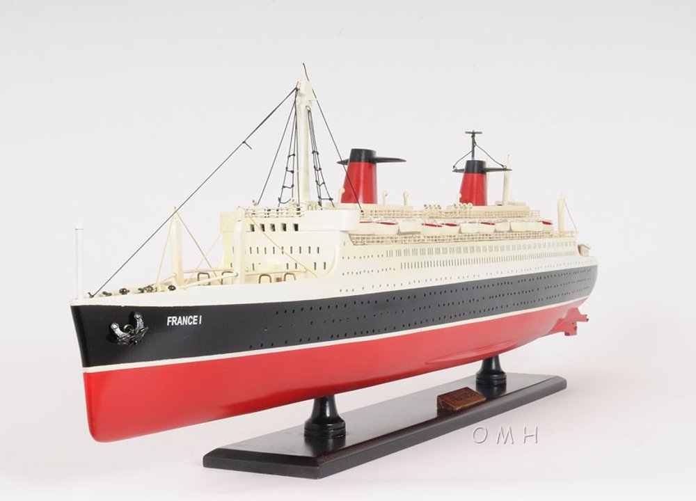 11" Black and Red SS France Boat Hand Painted Decorative Boat. Home product isolated on a plain white background, in a black finish.