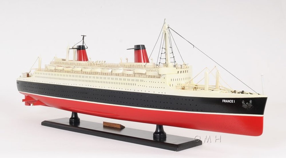 11" Black and Red SS France Boat Hand Painted Decorative Boat. Home product isolated on a plain white background, showing its black color.