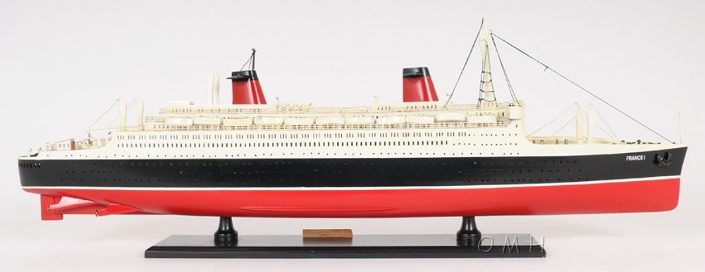 11" Black and Red SS France Boat Hand Painted Decorative Boat. Home product isolated on a plain white background, showing its black color.
