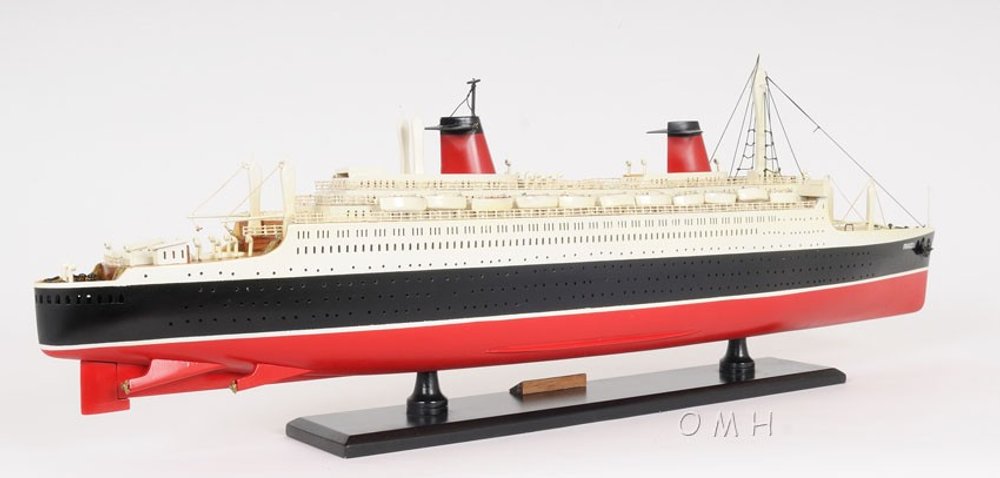 11" Black and Red SS France Boat Hand Painted Decorative Boat. Home product isolated on a plain white background, finished in black.