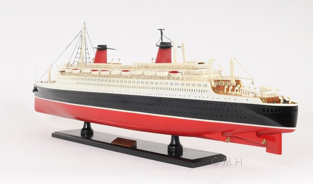 11" Black and Red SS France Boat Hand Painted Decorative Boat. Home product isolated on a plain white background, in a black finish.