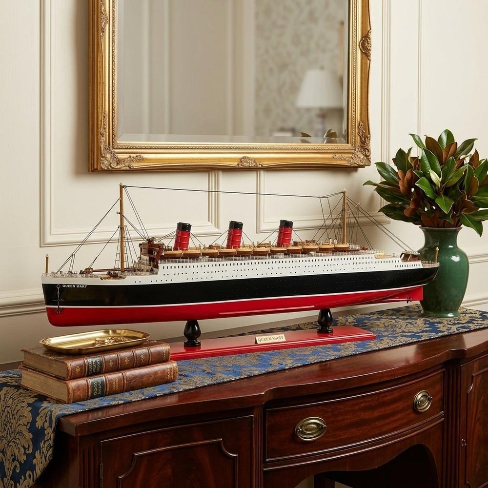5" Black and Red Solid Wood Hand Painted RMS Queen Mary Model Boat