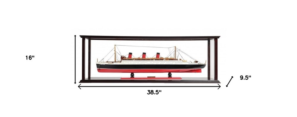 16" Black and Red Solid Wood Hand Painted RMS Queen Mary Medium Display Case Model Boat. Home product isolated on a plain white background, showing a wood surface.
