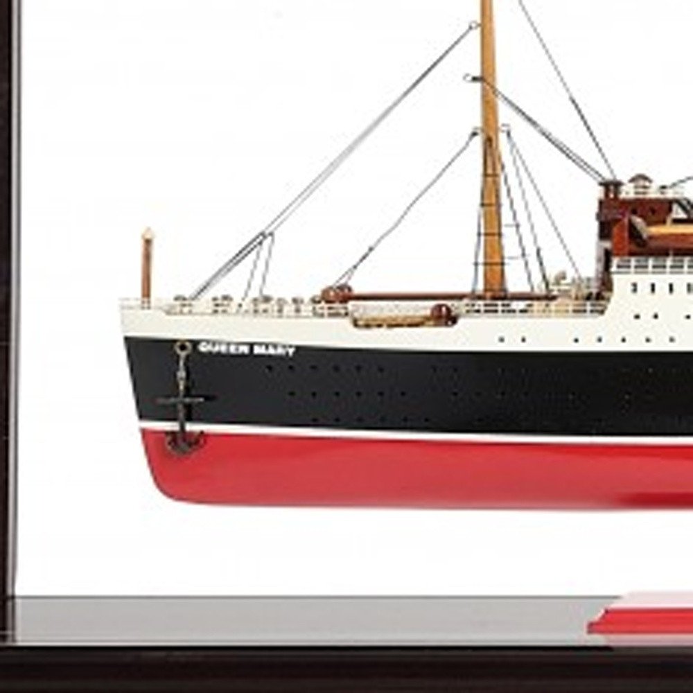 16" Black and Red Solid Wood Hand Painted RMS Queen Mary Medium Display Case Model Boat. Home product in black wood.