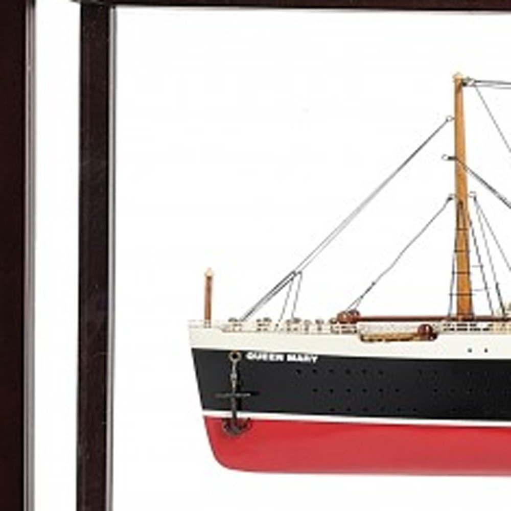 16" Black and Red Solid Wood Hand Painted RMS Queen Mary Medium Display Case Model Boat. Home product isolated on a plain white background, in a black wood finish.
