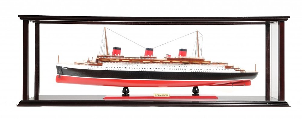 15" Black and Red Solid Wood Hand Painted Normandie Large Display Case Model Boat. Home product isolated on a plain white background, finished in black wood.