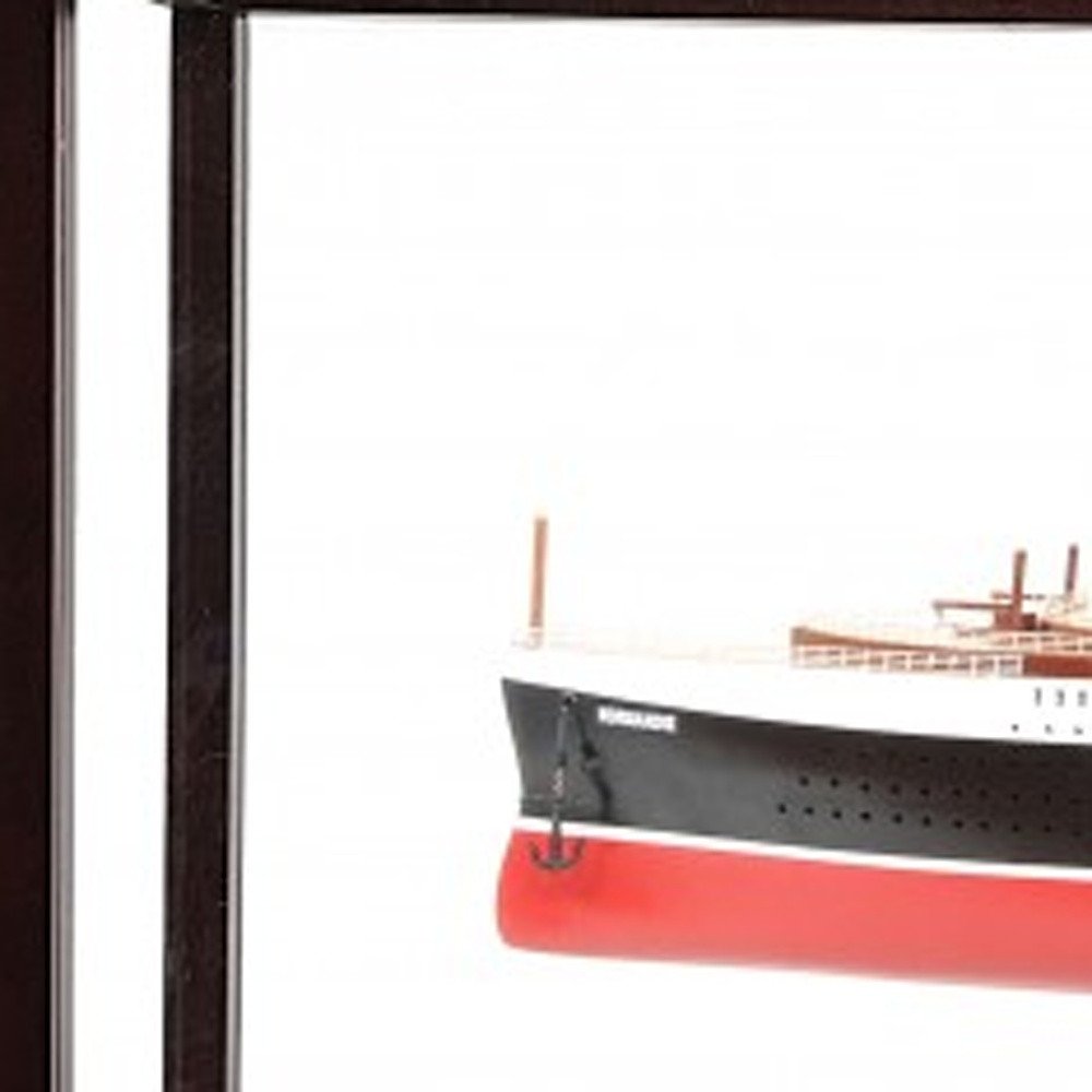 15" Black and Red Solid Wood Hand Painted Normandie Large Display Case Model Boat. Home product isolated on a plain white background, finished in black wood.