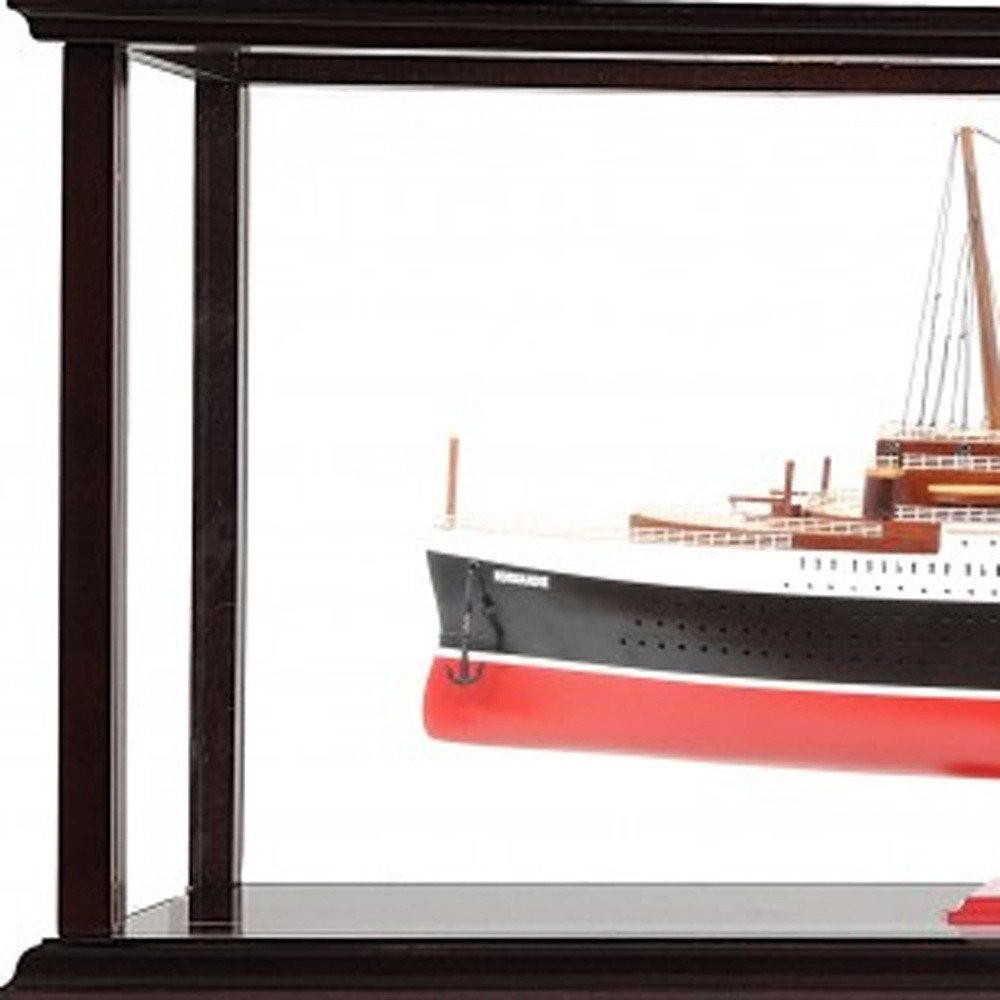15" Black and Red Solid Wood Hand Painted Normandie Large Display Case Model Boat. Home product isolated on a plain white background, in a black wood finish.