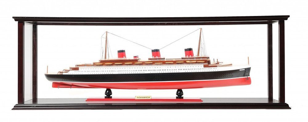 15" Black and Red Solid Wood Hand Painted Normandie Large Display Case Model Boat. Home product isolated on a plain white background, showing a black wood surface.