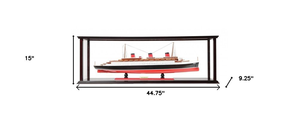 15" Black and Red Solid Wood Hand Painted Normandie Large Display Case Model Boat. Home product isolated on a plain white background, in a black wood finish.