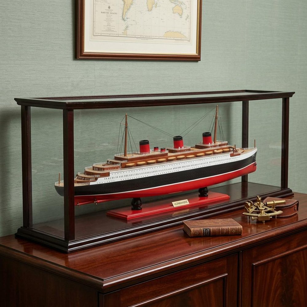 15" Black and Red Solid Wood Hand Painted Normandie Large Display Case Model Boat styled in a furnished interior with a light gray wall on a black floor.